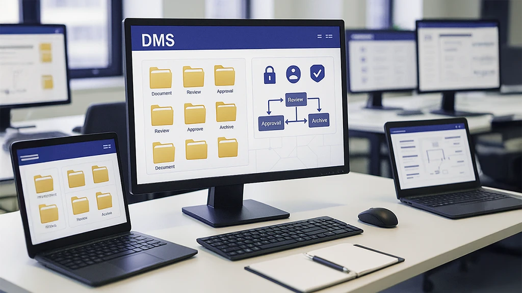 System DMS - interfejs zarządzania dokumentami z funkcjami workflow i kontroli dostępu w nowoczesnym środowisku biurowym