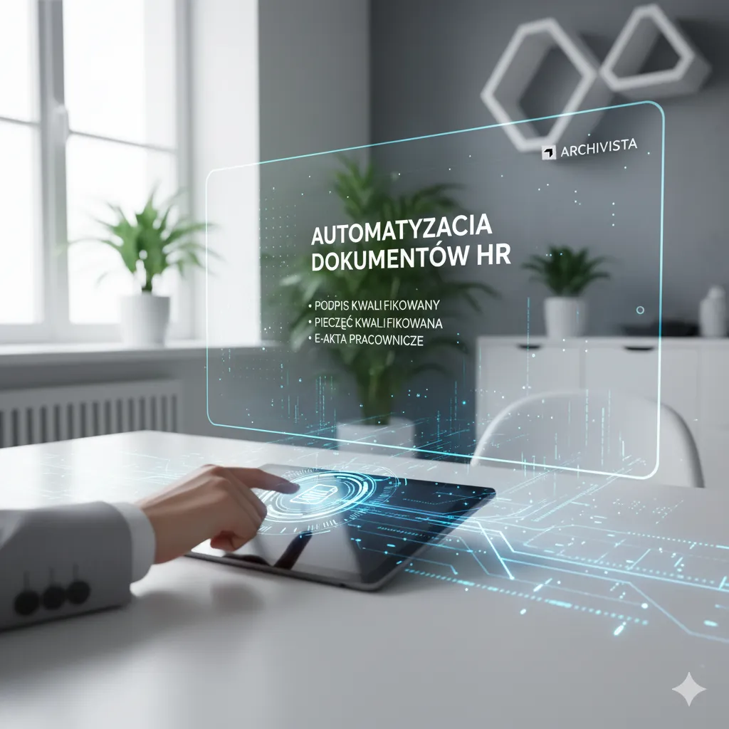 Automatyzacja HR: Specjalista kadr zatwierdza elektroniczne dokumenty jednym kliknięciem, co symbolizuje proces wdrażania podpisu i pieczęci kwalifikowanej w systemie do e-akt.